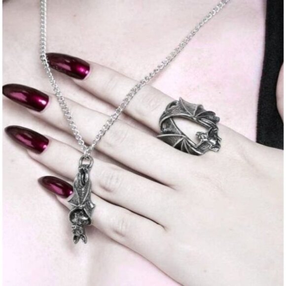 Awaiting The Eventide Pendant – Alchemy Gothic Rare Pewter Charm ✦ Roosting Bat - Picture 1 of 4